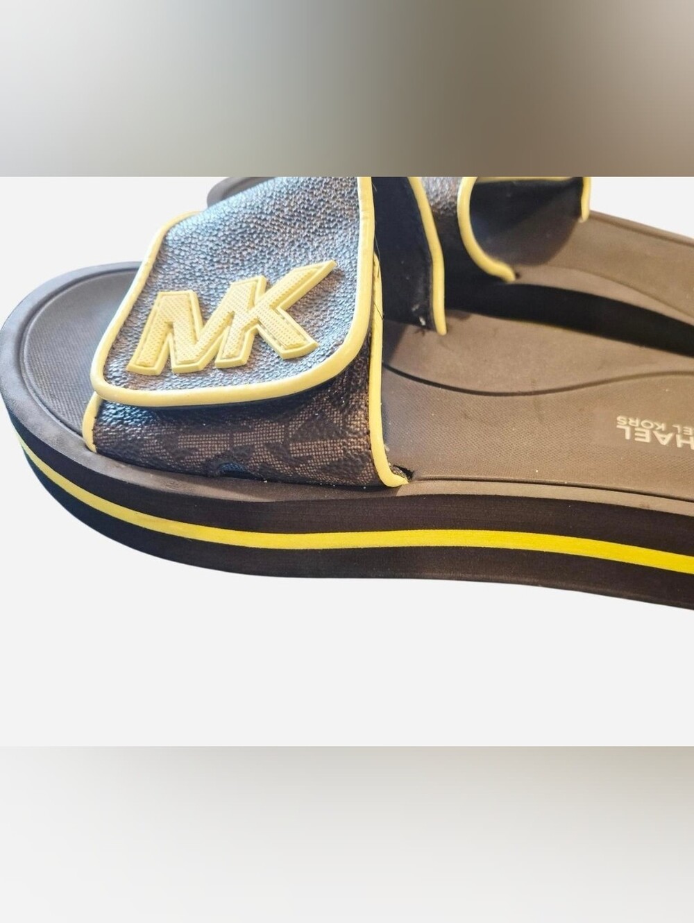 Michael Kors Womens ' Brown & Yellow MK Slide Sandals Size 6
